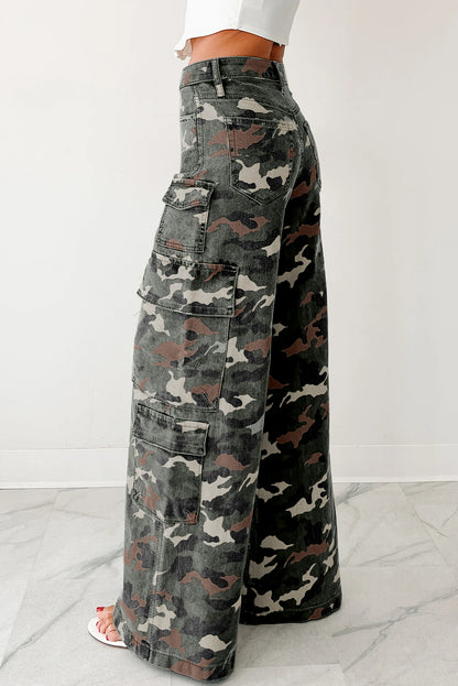 3 Color Options - Camo Denim Cargo Wide Leg Pants