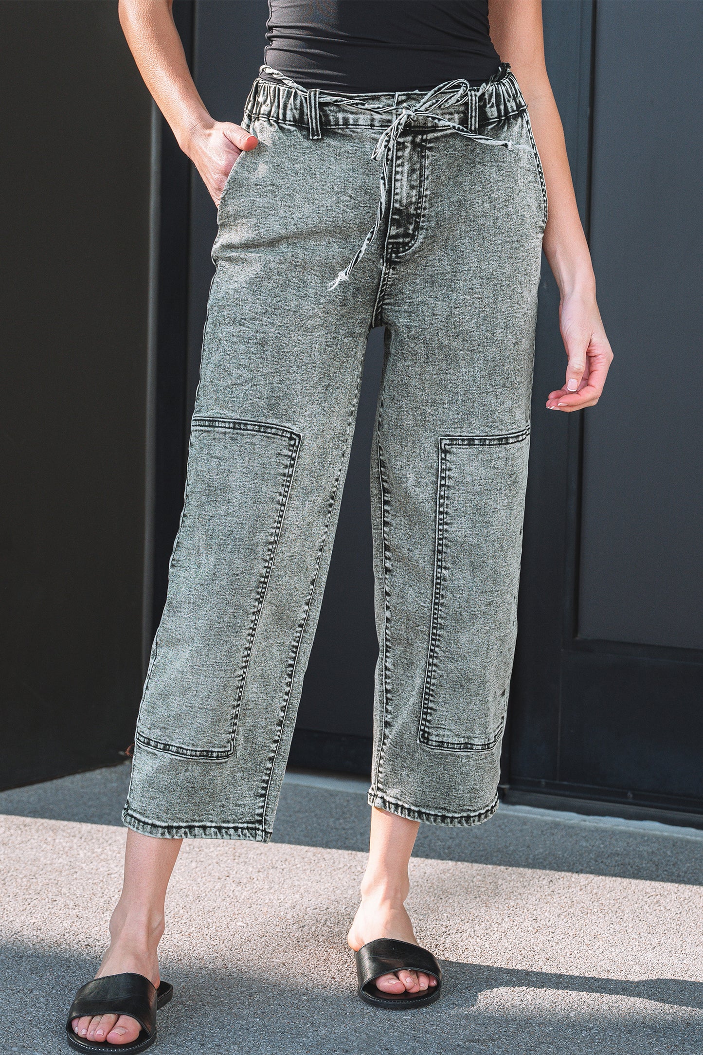 Gray or Taupe - Acid Wash Barrel Fit Denim Pants