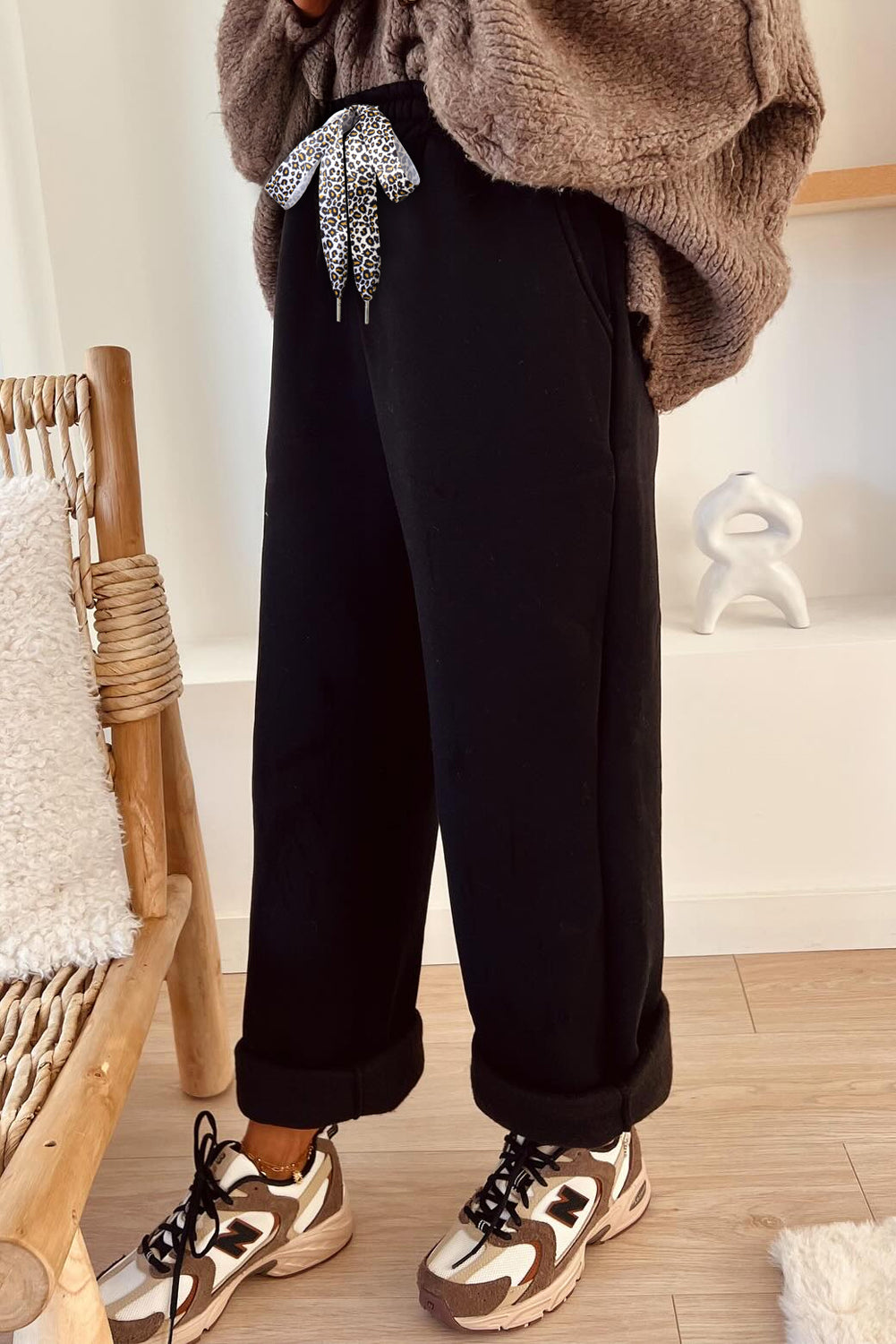 Black, Cinnamon or Cream - Fleece Lined Leopard Drawstring Elastic Waist Solid Pants