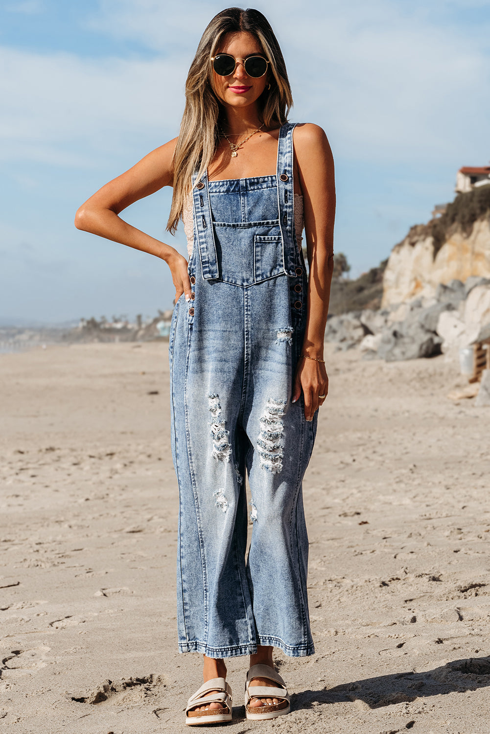 Blue Or Black Distressed Wide Leg Denim Overall