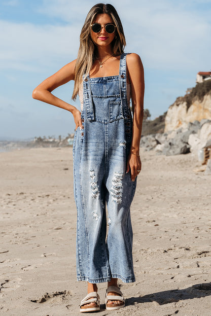 Blue Or Black Distressed Wide Leg Denim Overall