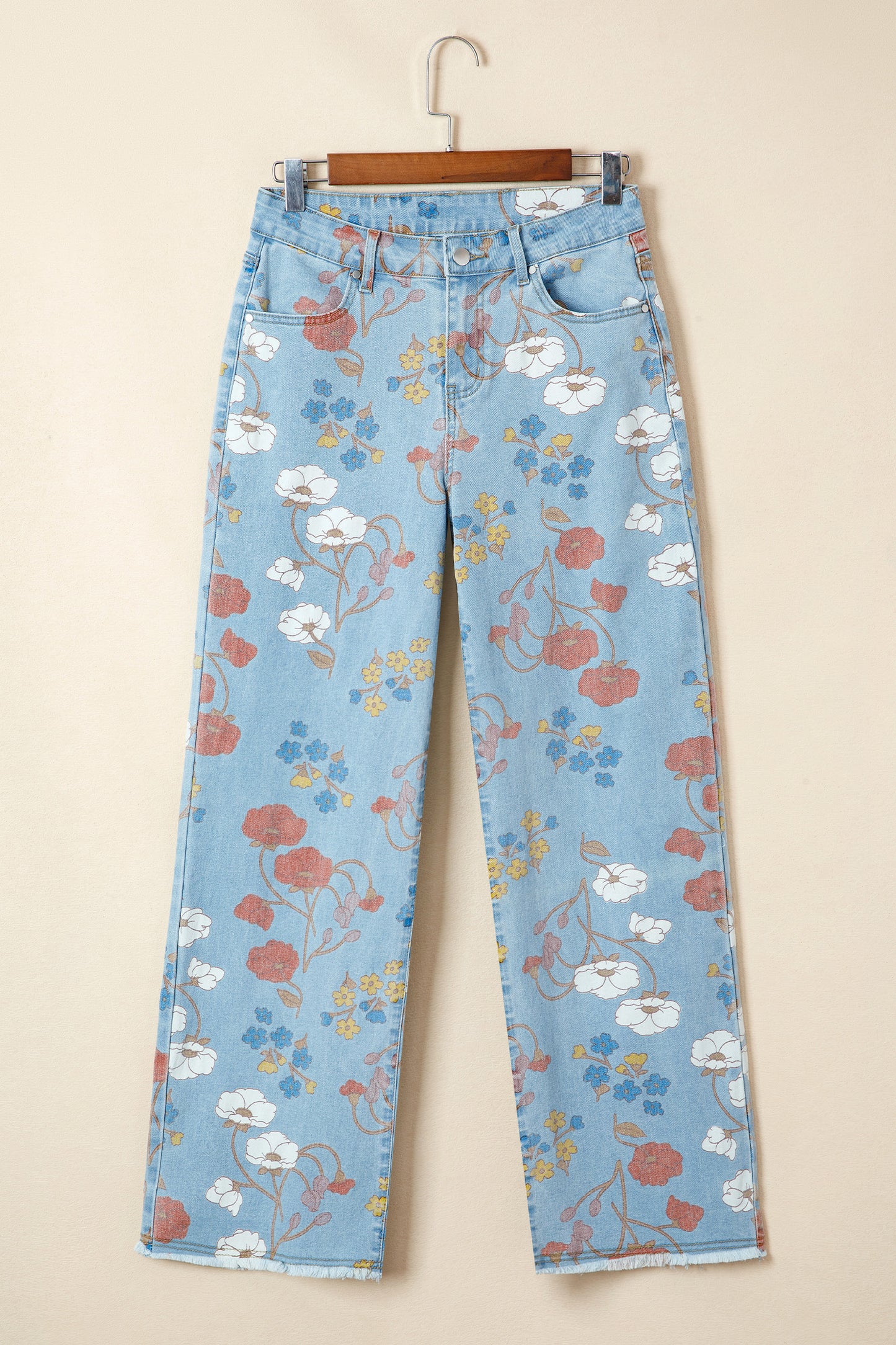 Floral Printed Raw Hem Shift Jeans
