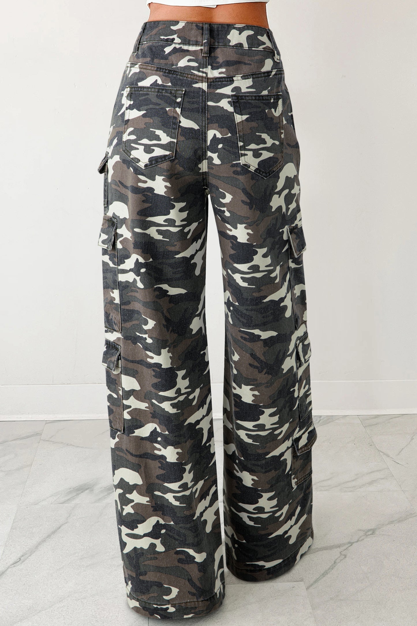 3 Color Options - Camo Denim Cargo Wide Leg Pants