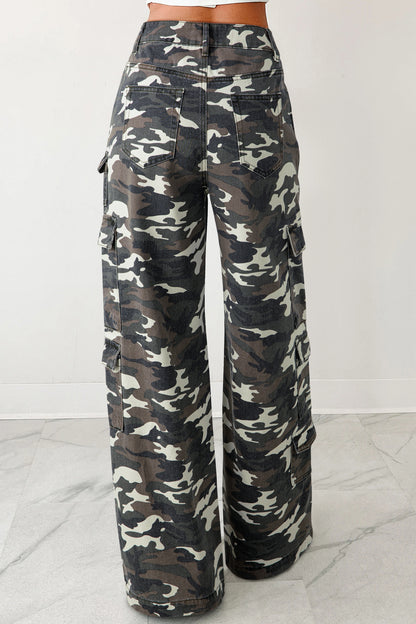 3 Color Options - Camo Denim Cargo Wide Leg Pants