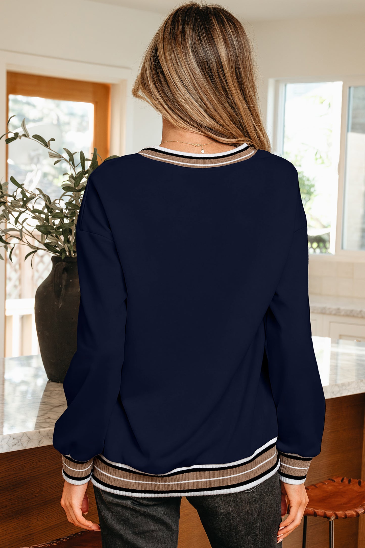 Grey, Taupe or Navy - Striped V Neck Sweatshirt