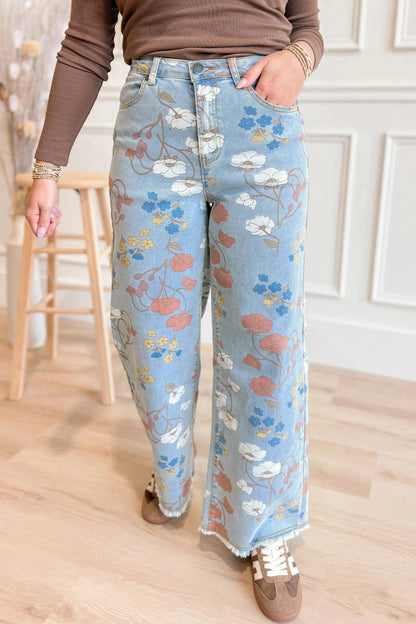 Floral Printed Raw Hem Shift Jeans