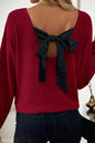 Tan or Wine - Ribbed V Neck Ribbon Bow Back Top