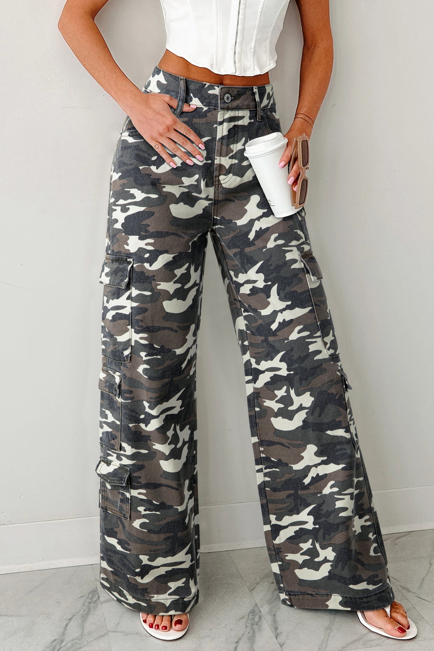 3 Color Options - Camo Denim Cargo Wide Leg Pants
