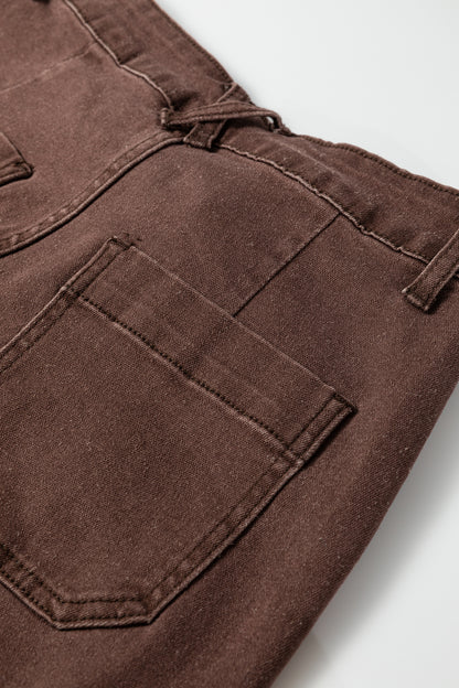 Dark Brown Retro Washed Patch Pocket Loose Jeans