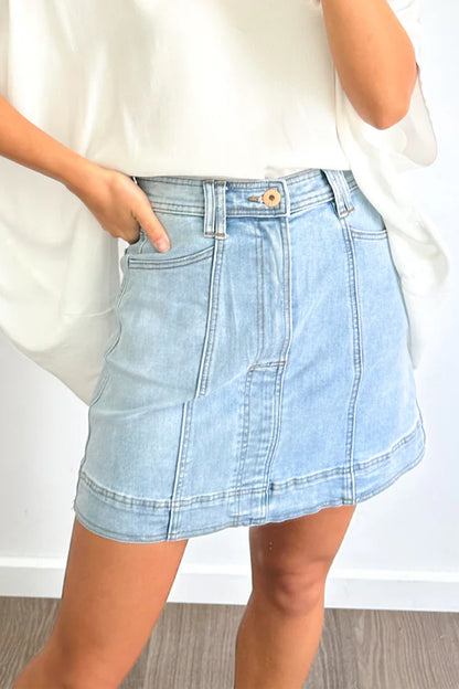 Exposed Seam A-line Denim Mini Skirt with Pockets
