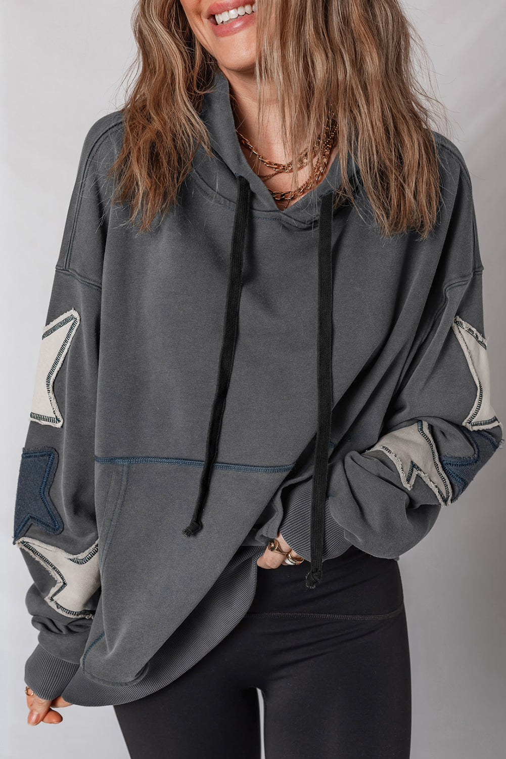 Star Patchwork Contrast Stitching Vintage Hoodie