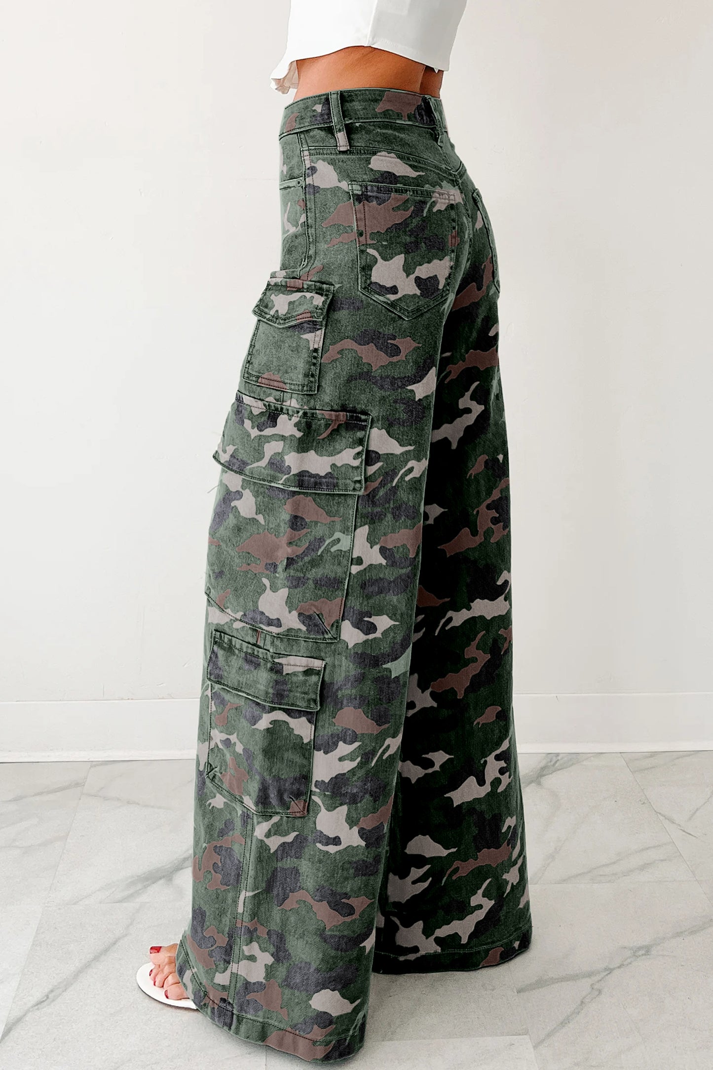 3 Color Options - Camo Denim Cargo Wide Leg Pants