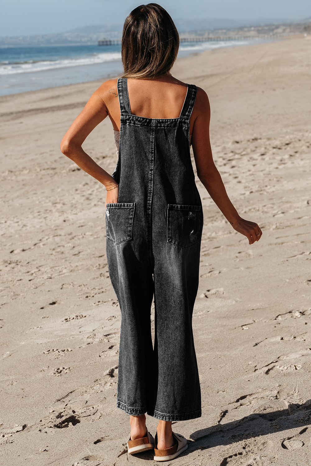 Blue Or Black Distressed Wide Leg Denim Overall