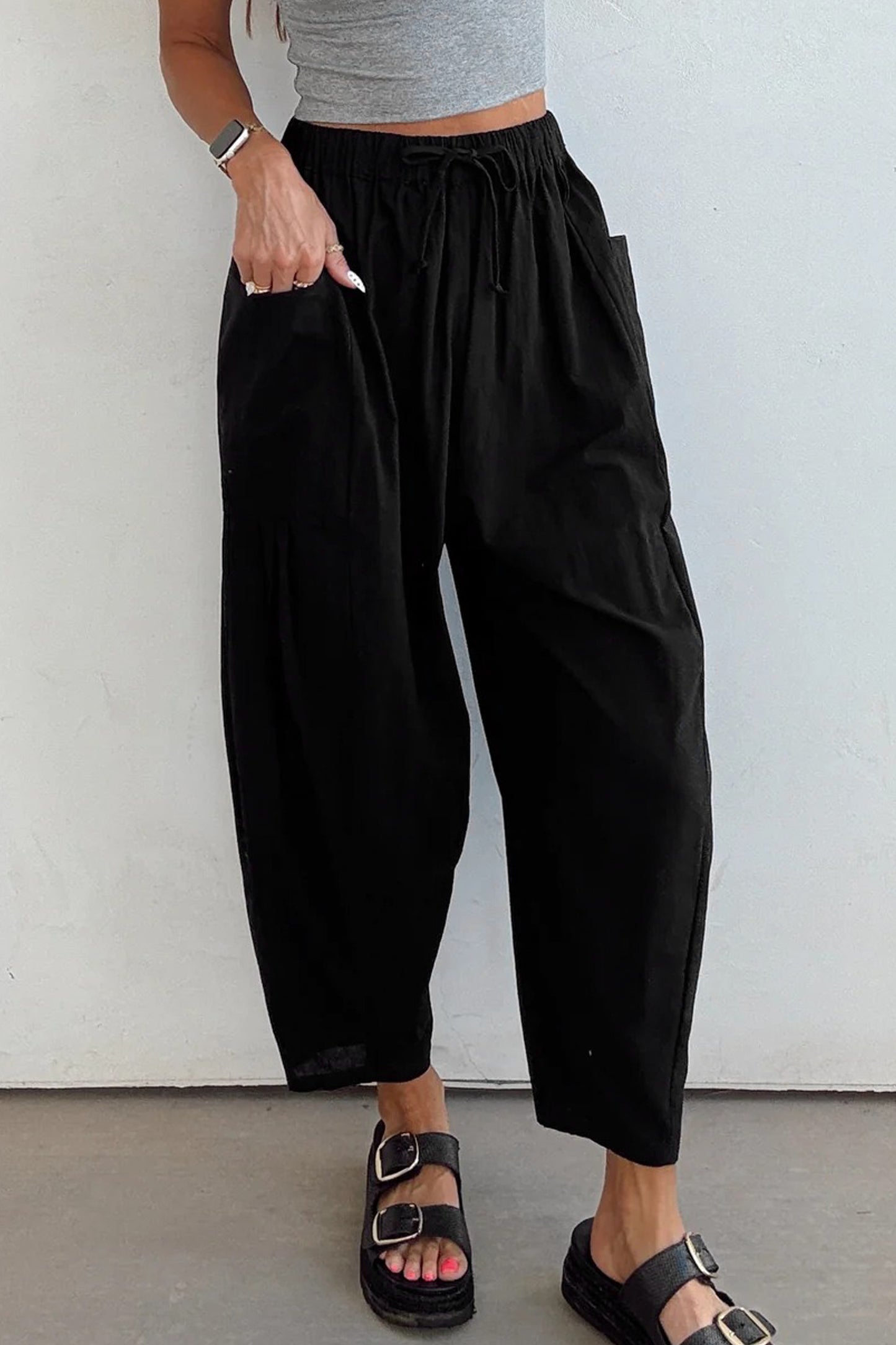 Olive or Black- Barrel Leg Casual Pants