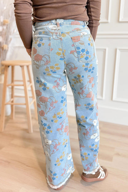 Floral Printed Raw Hem Shift Jeans