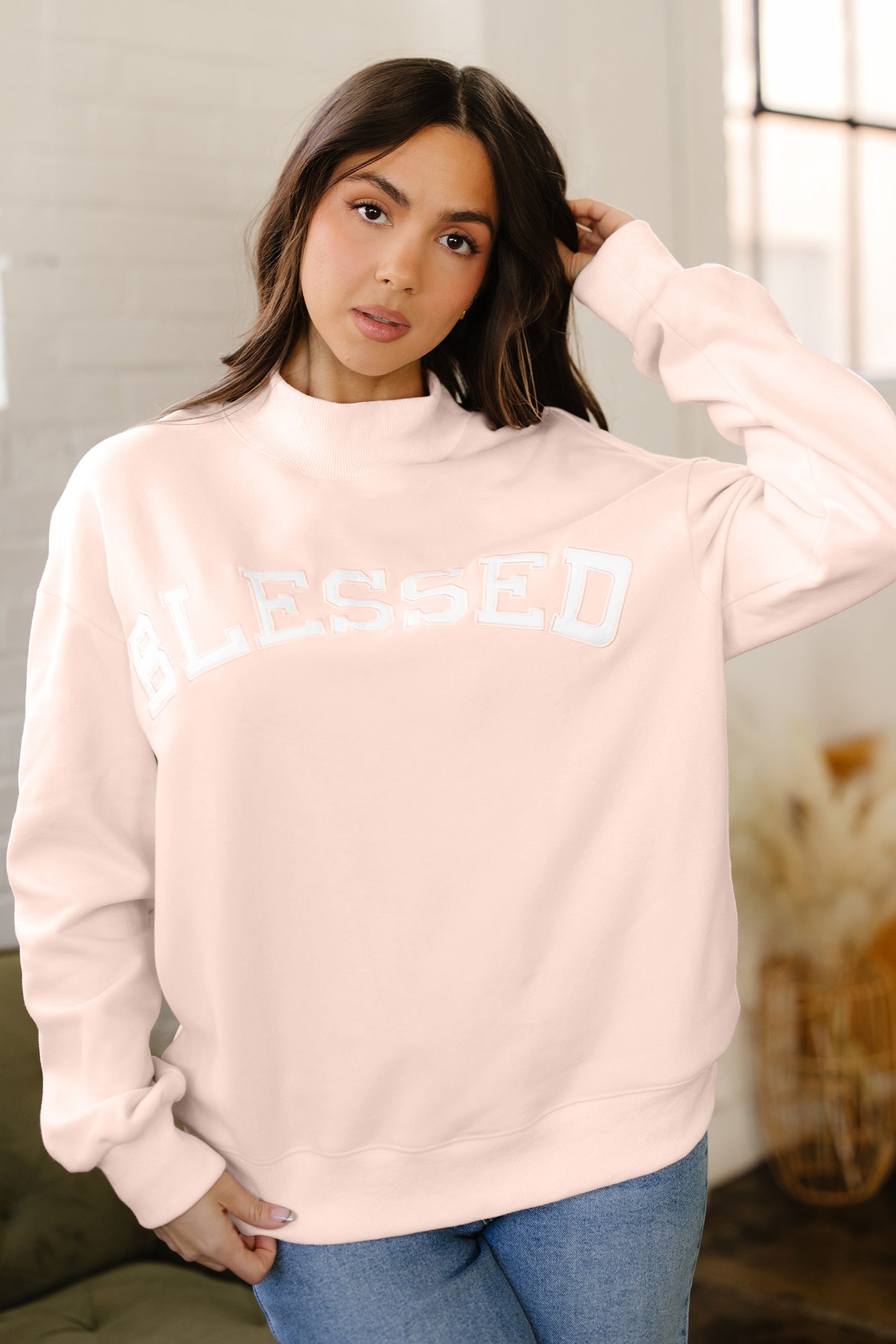 Blessed Embroidered Mock Neck Sweatshirt