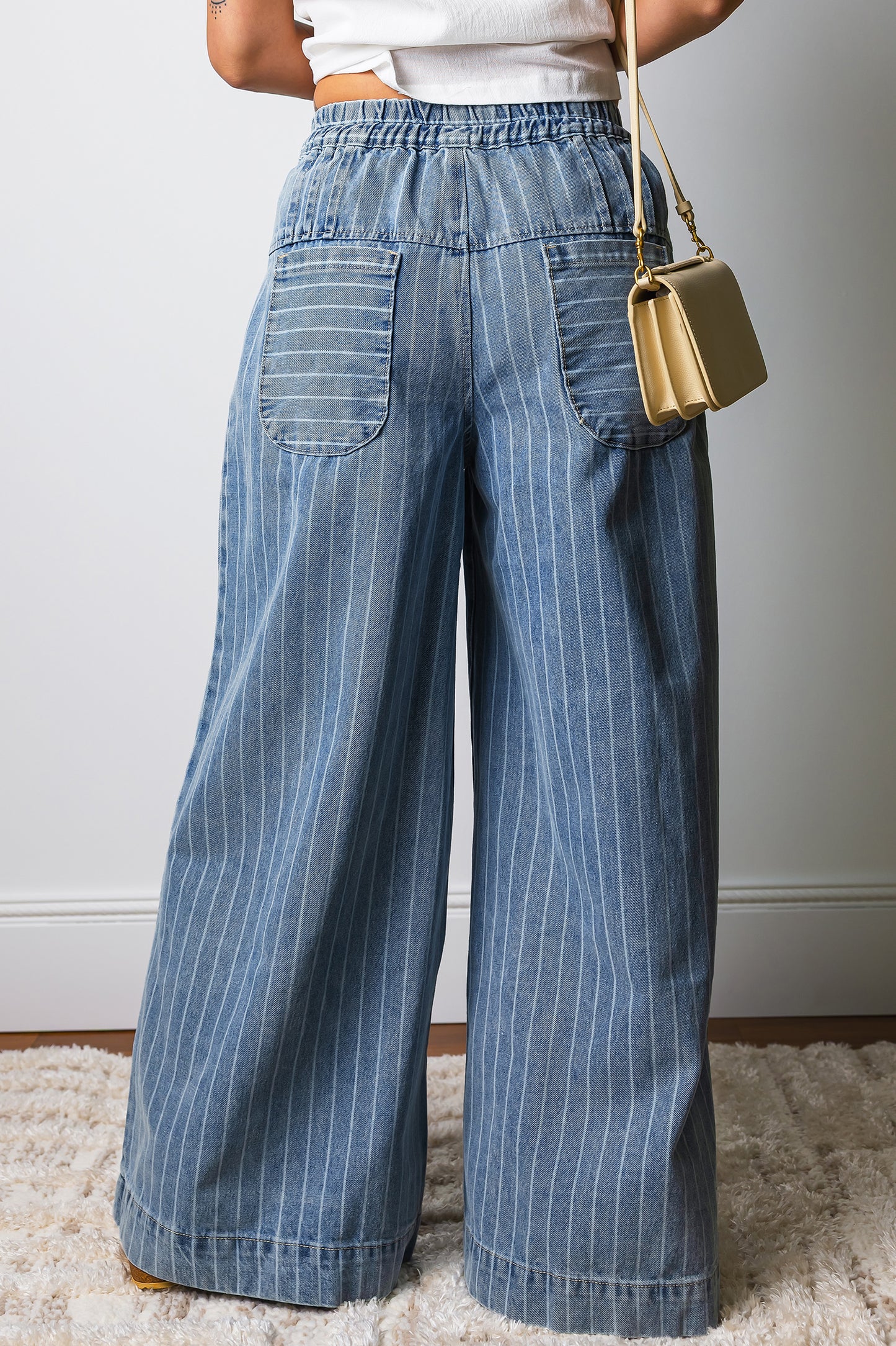 Stripes For The Day Pleated Drawstring Casual Wide Leg Jeans