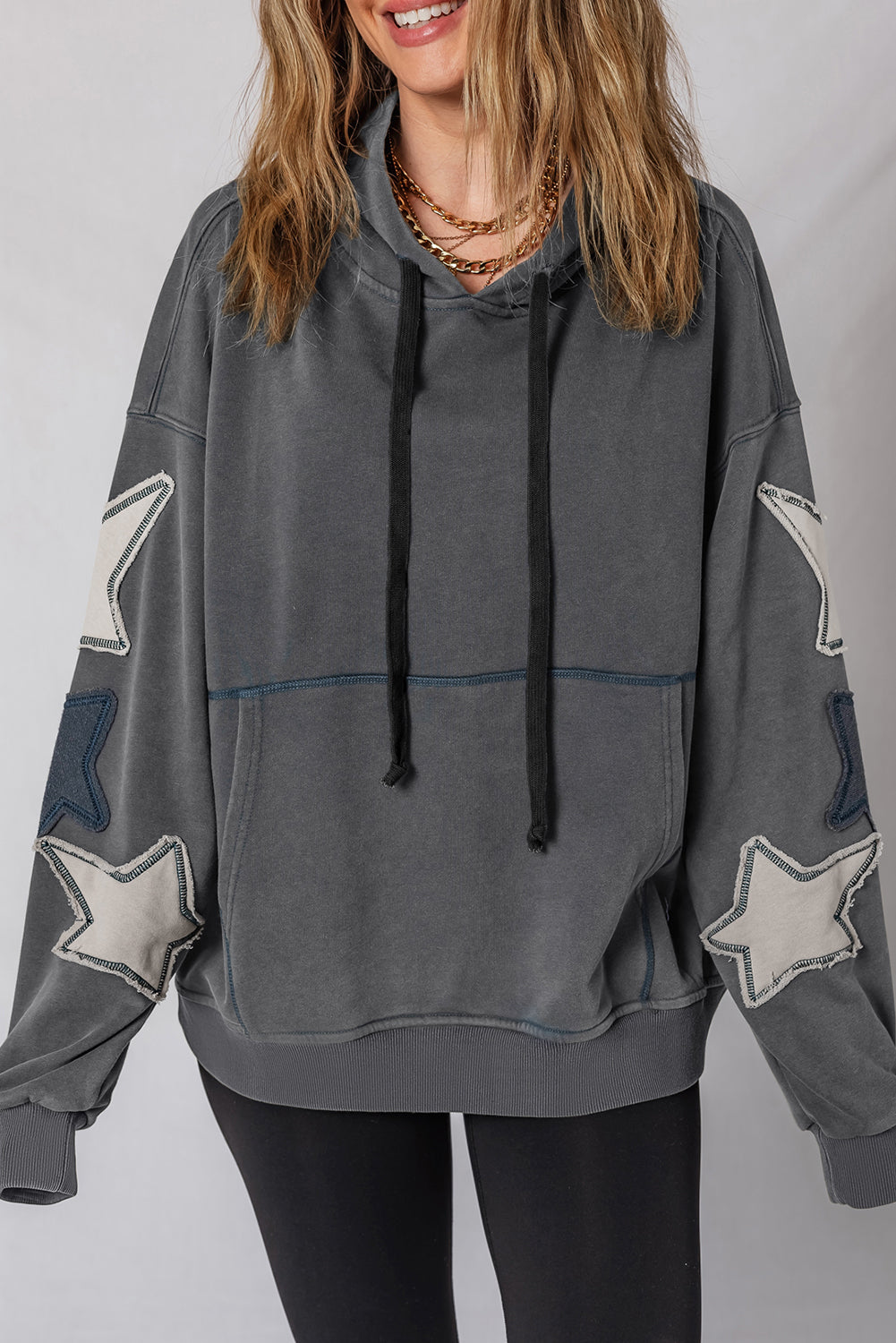 Star Patchwork Contrast Stitching Vintage Hoodie