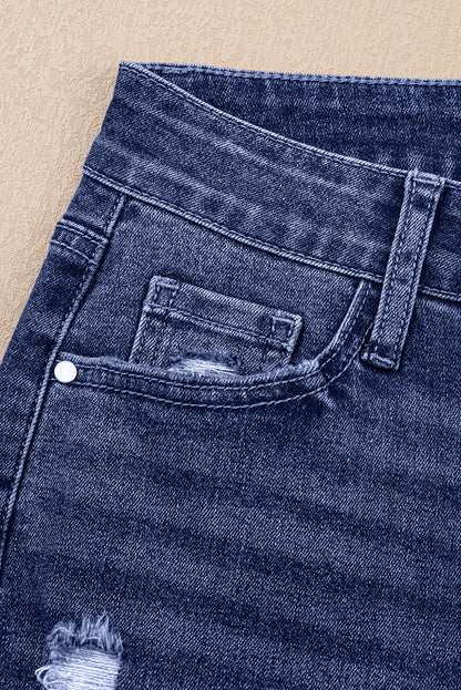 Folded Cuffs Distressed Straight High Waist Jeans